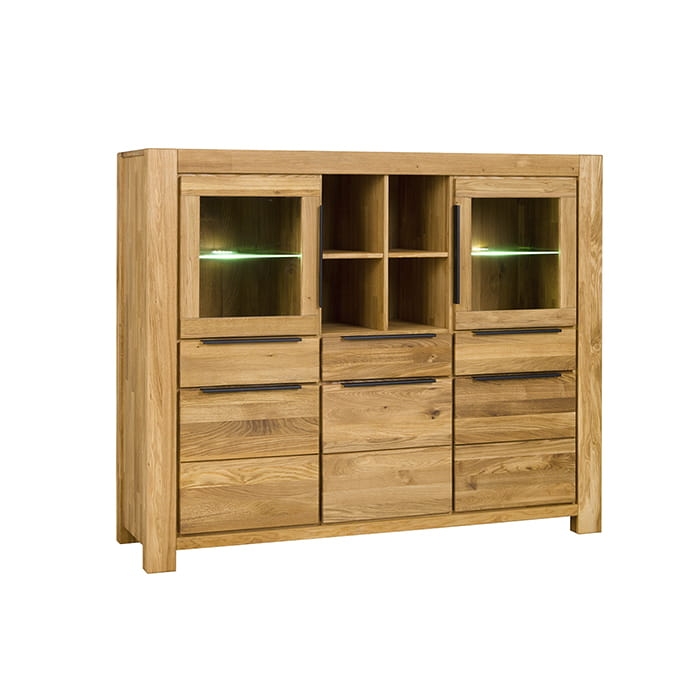 Kredens dębowy drewniany Parma 173 cm, z szufladami i przeszklonymi drzwiami, dąb naturalny do jadalni