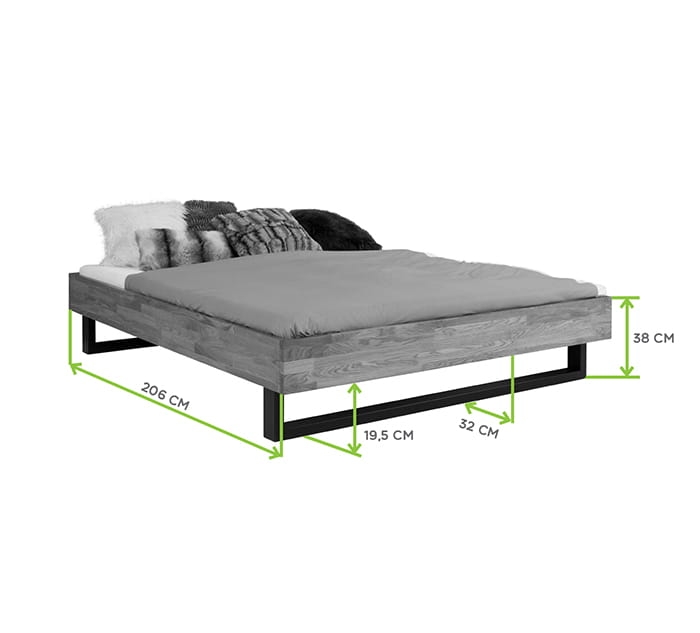 Łóżko dębowe FADO z wymiarami technicznymi: 206 cm długości, 38 cm wysokości ramy, 19.5 cm prześwitu pod łóżkiem, dąb naturalny, nowoczesny styl.