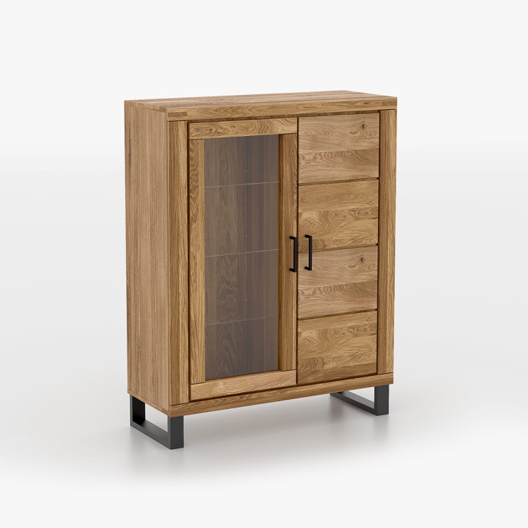 Witryna dębowa drewniana z przeszkleniem i zamkniętą szafką, nowoczesny styl loft, naturalny dąb, do salonu lub jadalni, 140 cm wysokości, model Como 2.