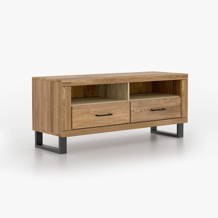 Szafka RTV dębowa drewniana, z dwiema szufladami i otwartą wnęką, w stylu nowoczesnym loft, kolor dąb naturalny, przeznaczona do salonu, szerokość 138 cm, model Como.