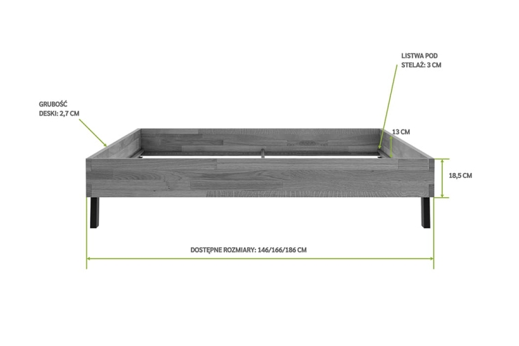 Drewniane łóżko Mona 140x200 solo, z naturalnego dębu, wymiary zewnętrzne: długość 206 cm, szerokość 146 cm, do sypialni.