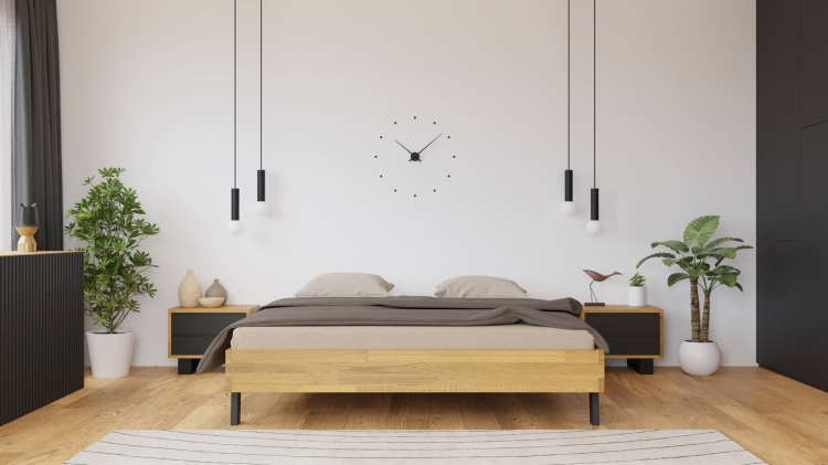 Uniwersalne łóżko dębowe drewniane Mona 140x200 w naturalnym kolorze, z czarnymi metalowymi nogami, idealne do każdej aranżacji sypialni.