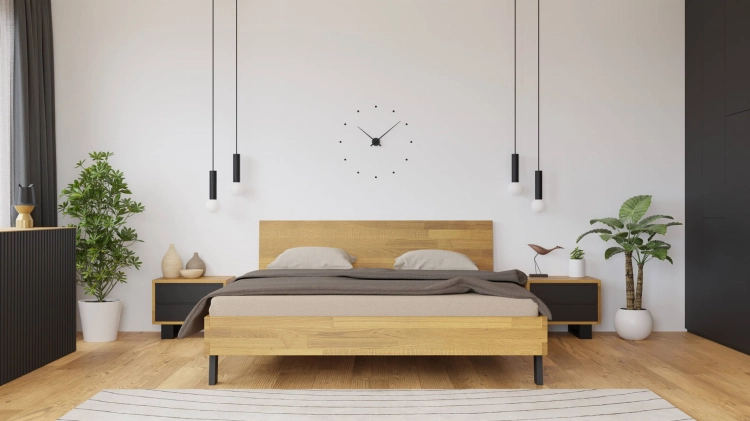 Aranżacja sypialni z łóżkiem dębowym drewnianym Mona Classic 140x200 z pełnym zagłówkiem, wykończenie olej natura BIOFA, styl minimalistyczny i ekologiczny.