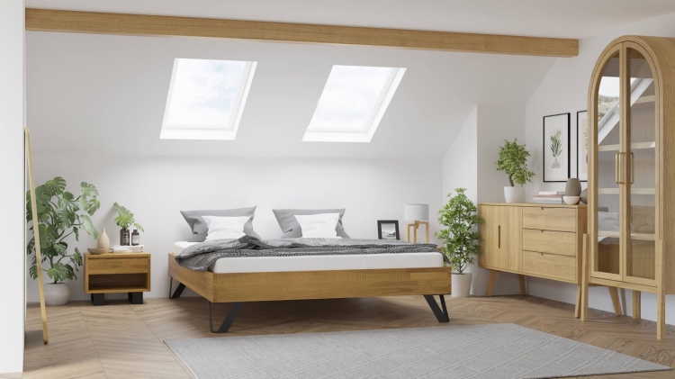 Łóżko dwuosobowe dębowe Toro 140x200 naturalny dąb w minimalistycznej aranżacji sypialni.