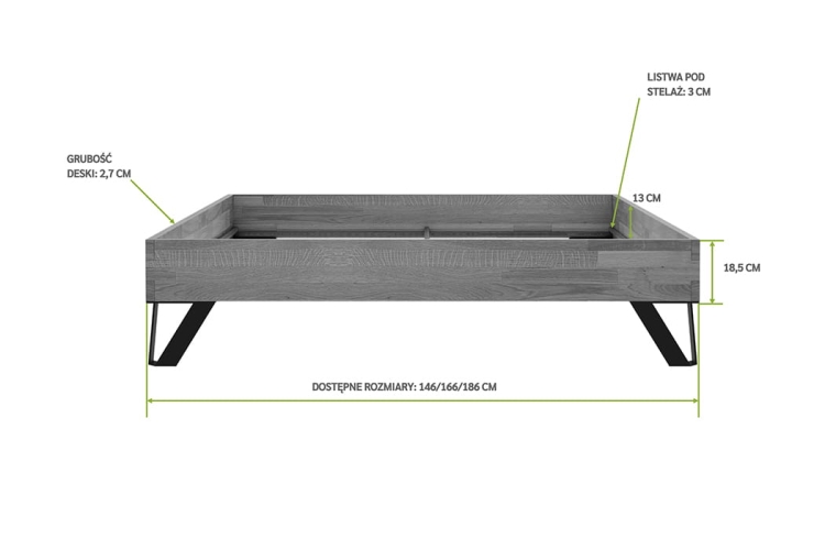 Łóżko dębowe nowoczesne Toro 180x200 naturalny dąb wymiary detali ramy