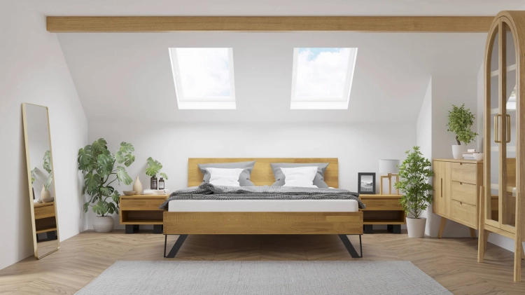 Łóżko dwuosobowe dębowe TORO Classic 140x200 naturalny dąb w aranżacji nowoczesnej sypialni.