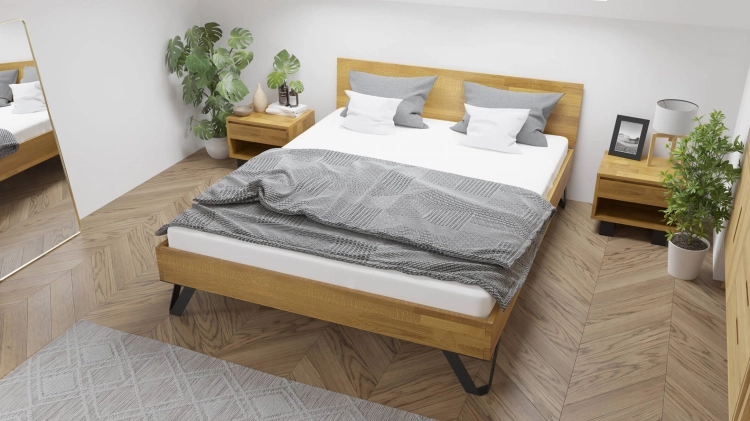 Małżeńskie łóżko drewniane dąb naturalny TORO Classic 140x200 z unikalną metalową nóżką.