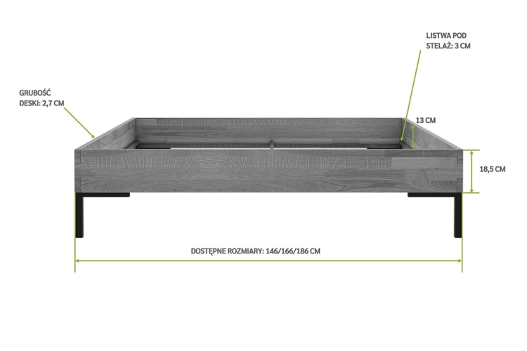 Łóżko drewniane dębowe Yoko 180x200, widoczne czarne metalowe nogi, grubość ramy 2.7 cm, stabilna i estetyczna konstrukcja.