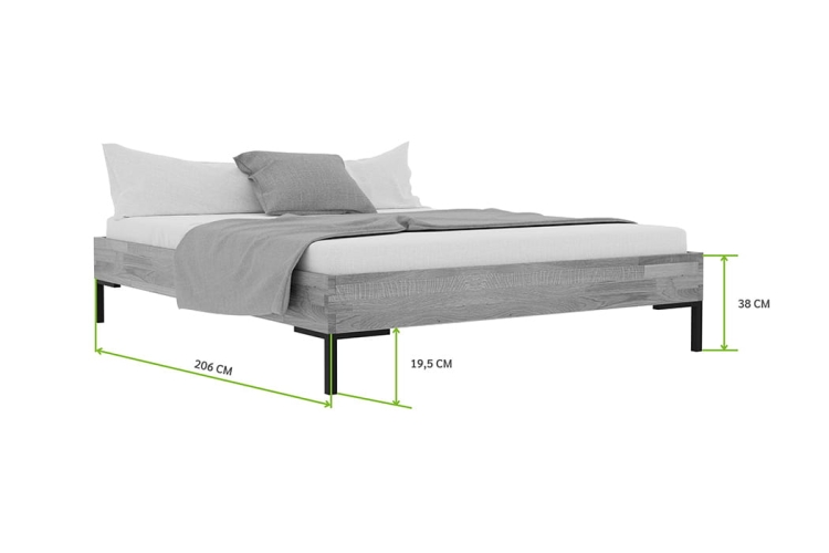 Schemat wymiarów łóżka dębowego Yoko 180x200: długość 206 cm, szerokość 186 cm, wysokość 38 cm bez zagłówka.
