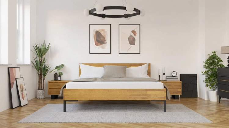 Aranżacja nowoczesnej sypialni z drewnianym łóżkiem dębowym Yoko Classic 140x200, styl minimalistyczny, naturalny dąb.