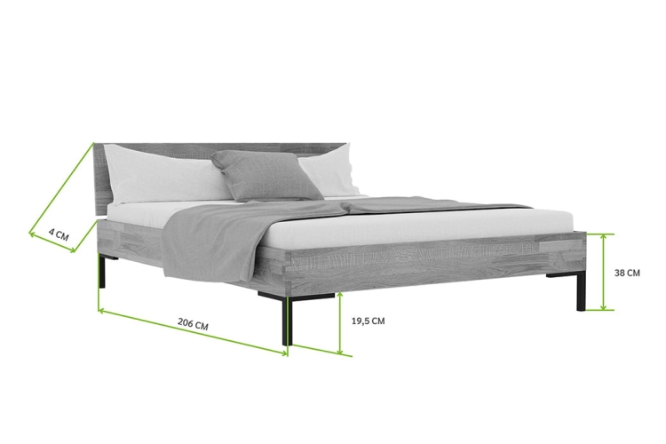 Schemat wymiarów łóżka dębowego Yoko Classic 180x200: długość 210 cm, szerokość 186 cm, wysokość z zagłówkiem 84 cm, wysokość od podłoża 19.5 cm,