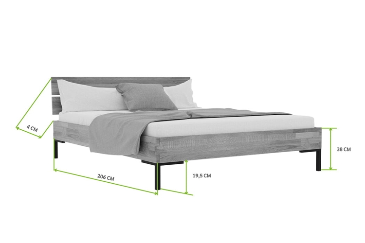 Wymiary łóżka YOKO Style 160x200: długość 210 cm, szerokość 166 cm, zagłówek 84‑88 cm, odległość od podłogi 19,5 cm, rama z drewna dębowego