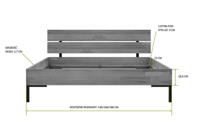 Schemat wymiarów łóżka dębowego YOKO Style 180x200 z ramą pod stelaż i wysokościami, model w wybarwieniu orzechowym