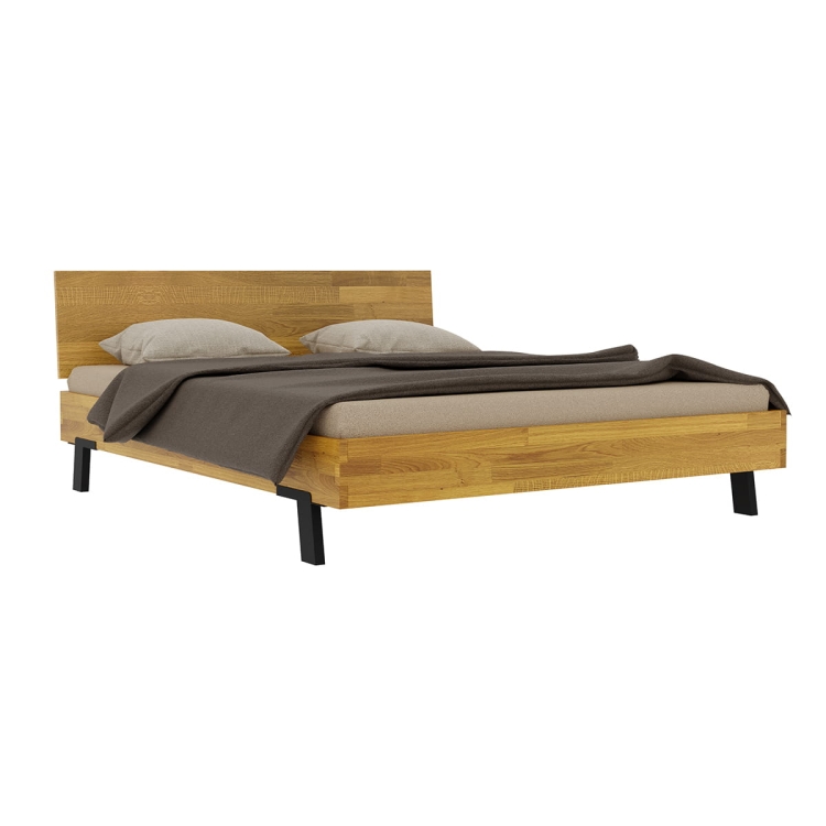 Łóżko drewniane dębowe Mona Classic 120x200 z pełnym zagłówkiem i czarnymi metalowymi nogami, w stylu nowoczesnym, na białym tle