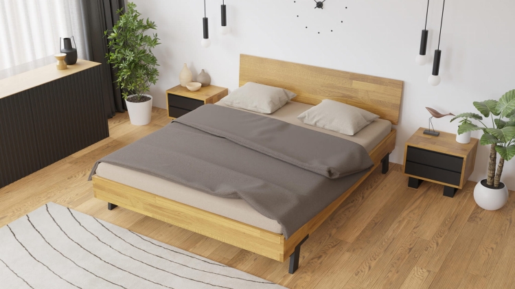 Łóżko dębowe Mona Classic 120x200 widziane z góry i od tyłu, z prostym drewnianym zagłówkiem i wyeksponowanym usłojeniem drewna.