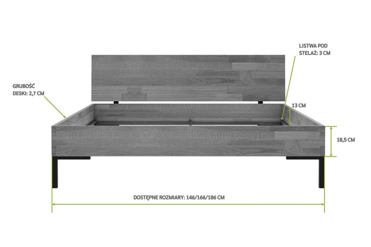 Łóżko dębowe 120x200 Yoko Classic z czarnymi metalowymi nogami – widok z boku z zaznaczonymi wymiarami: długość 206 cm, wysokość 38 cm, prześwit pod łóżkiem 19,5 cm