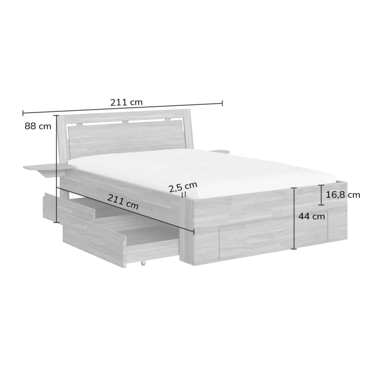 Diagram techniczny łóżka dębowego Suva 140x200, przedstawiający dokładne wymiary: długość 211 cm, szerokość zewnętrzna 211 cm, wysokość z zagłówkiem 88 cm.