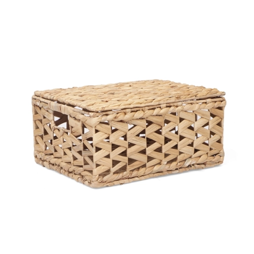 Prostokątny kosz pleciony z hiacyntu wodnego z zamkniętą pokrywą – rozmiar S.