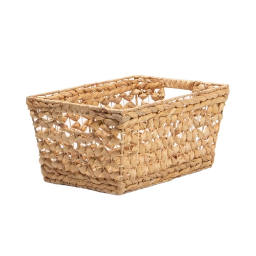 Ozdobny kosz pleciony z hiacyntu wodnego w rozmiarze M, widok z boku.