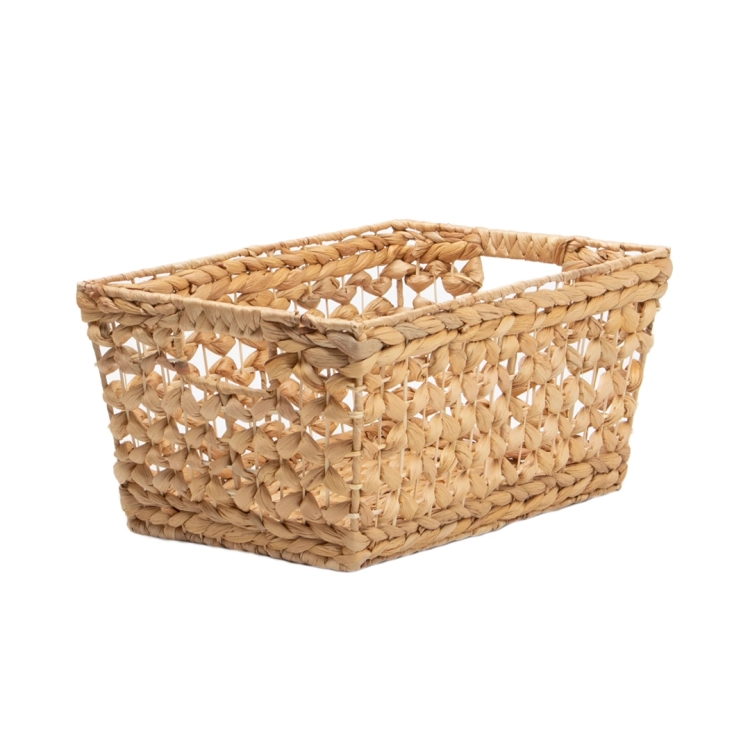 Ozdobny kosz pleciony z hiacyntu wodnego w rozmiarze M, widok z boku.