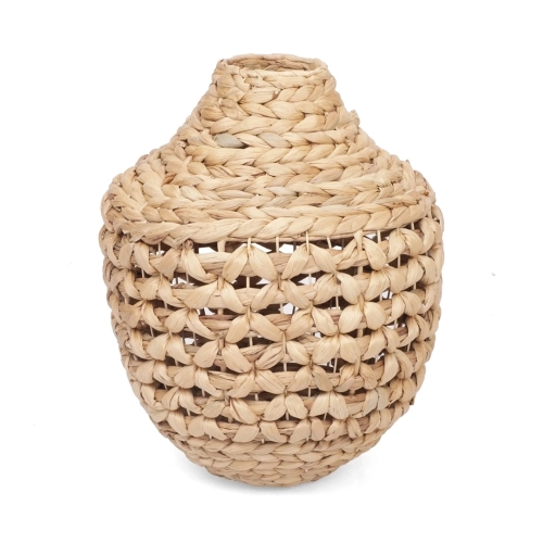 Duży wazon podłogowy pleciony z hiacyntu wodnego w stylu boho, kolor brązowy.