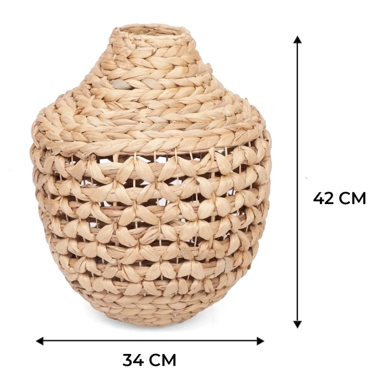 Wymiary dużego plecionego wazonu podłogowego - 42 cm wysokości, 34 cm szerokości.