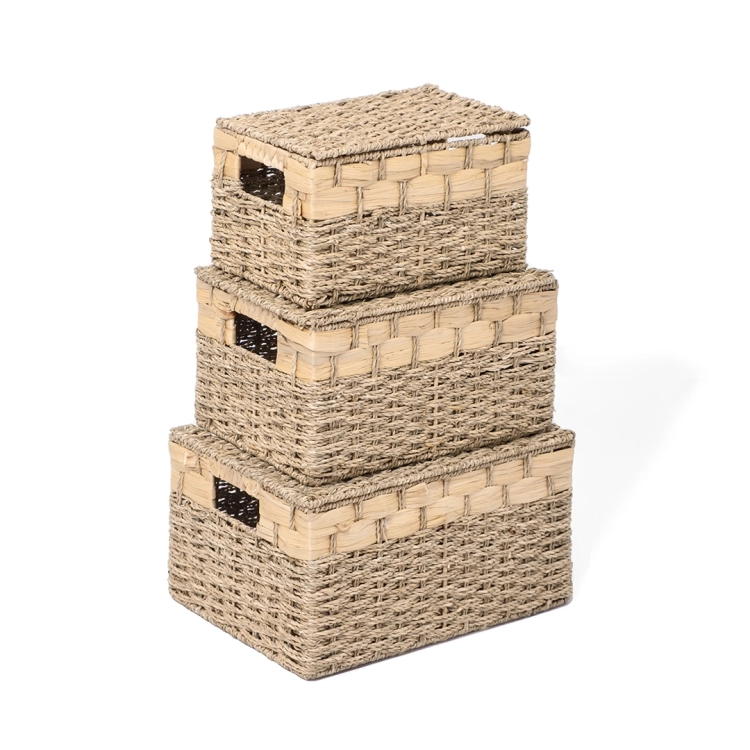 Komplet ekologicznych pojemników, największy kosz L z trawy morskiej i hiacyntu