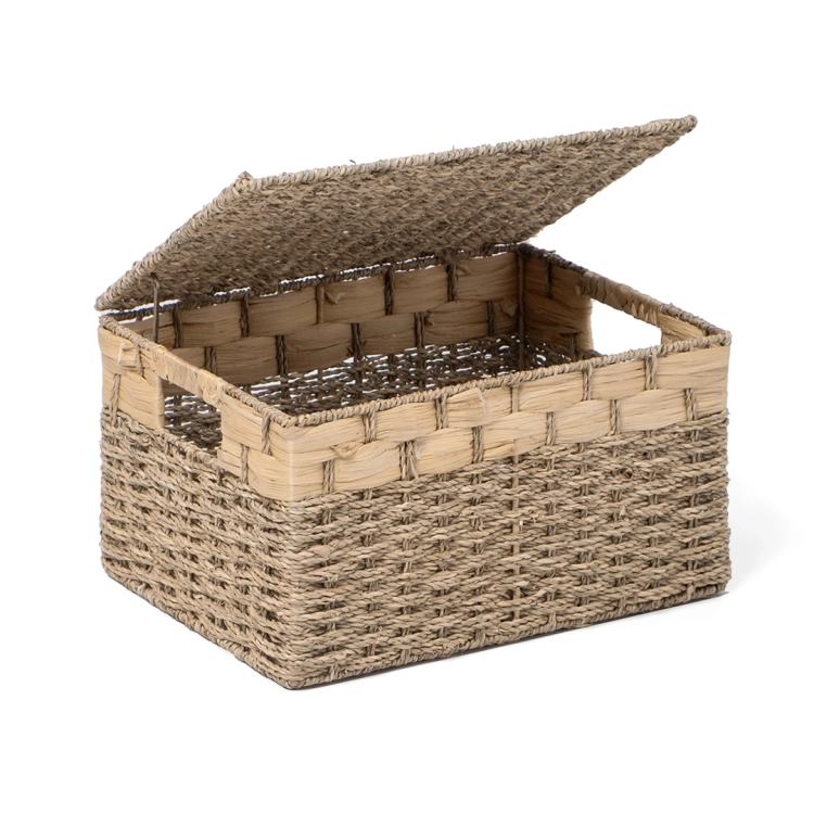 Pojemny kosz dekoracyjny L z uchylnym wieczkiem w naturalnym kolorze