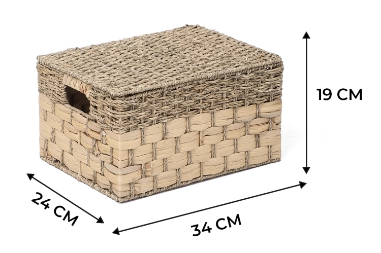 Otwarty kosz z trawy morskiej i hiacyntu wodnego z pokrywką organizer M.