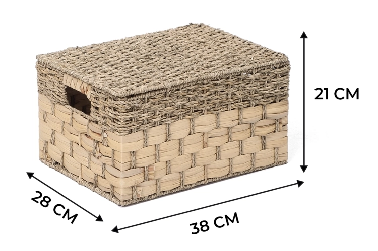 Wymiary kosza plecionego z trawy morskiej: wysokość 21 cm, szerokość 38 cm, głębokość 28 cm.