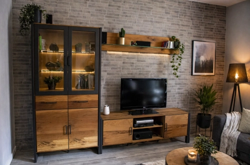 Industrialne meble dębowe do salonu LOFT, szafka RTV i witryna z czarnym metalem.