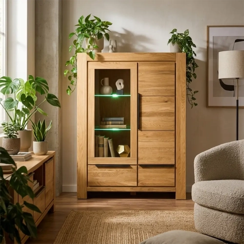 Nowoczesna dębowa witryna do salonu z podświetlanymi półkami LED i szklanym frontem. Solidny mebel z szufladami i czarnymi uchwytami, wyeksponowany w jasnym wnętrzu obok roślin doniczkowych i fotela.