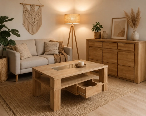 Prostokątny stolik kawowy dębowy z szybą Breton 110x70 w jasnym odcieniu dębu, zaaranżowany w salonie w stylu boho.