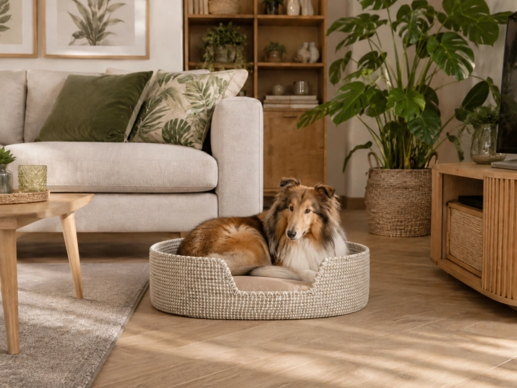 Pies collie odpoczywa w jasnym koszu plecionym dla psa w przytulnie urządzonym salonie