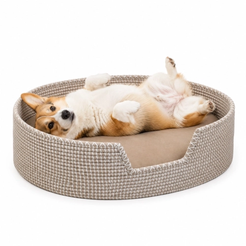 Pies rasy Corgi śpiący w plecionym legowisku z trawy morskiej w aranżacji salonu.