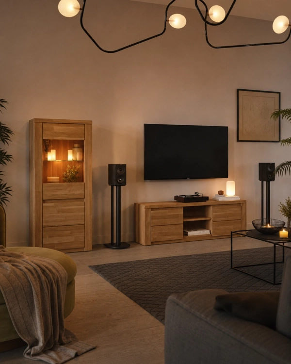 Nowoczesna dębowa szafka pod telewizor Witten 140 cm z jasnego drewna, wyposażona w szuflady i otwartą półkę RTV, w aranżacji przytulnego, eleganckiego salonu.