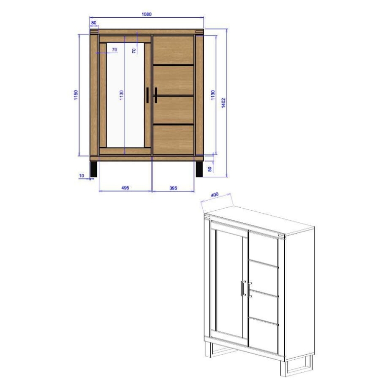 Szkic techniczny witryny dębowej Como 2, prezentujący wymiary: 140 cm wysokości, 108 cm szerokości, 40 cm głębokości, z podziałem na część przeszkloną i szafkę.