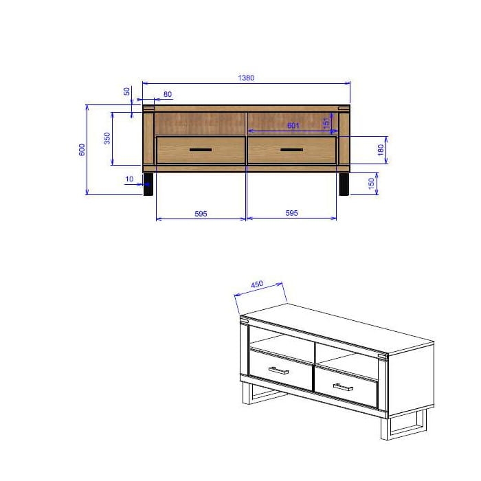 Rysunek techniczny szafki RTV dębowej Como, prezentujący wymiary: wysokość 60 cm, szerokość 138 cm, głębokość 45 cm, model pod telewizor do salonu.