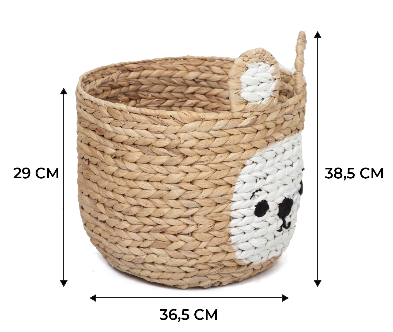 Infografika z wymiarami kosza na zabawki. Długość i szerokość: 36,5 cm. Wysokość bez uszu 29 cm, z uszami 38,5 cm.