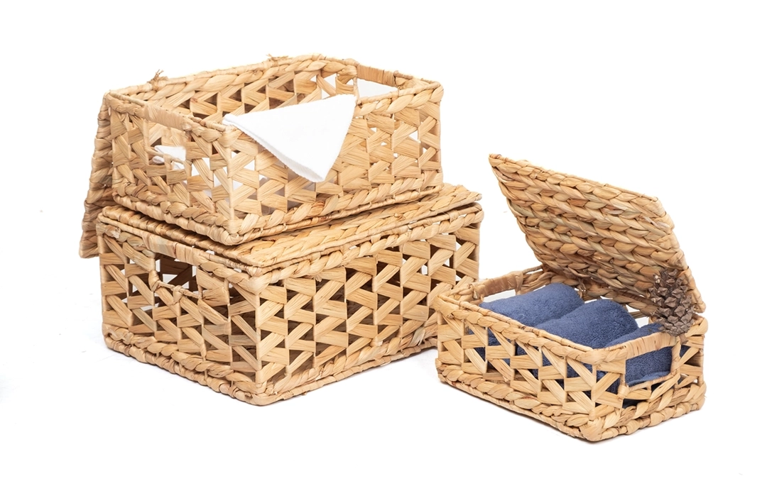 Zestaw koszy plecionych z hiacyntu wodnego, ażurowych w rozmiarach S,M,L