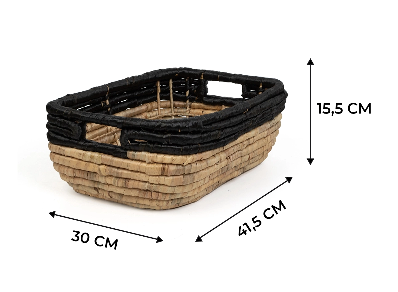 Rysunek techniczny z dokładnymi wymiarami kosza plecionego loft w rozmiarze M.