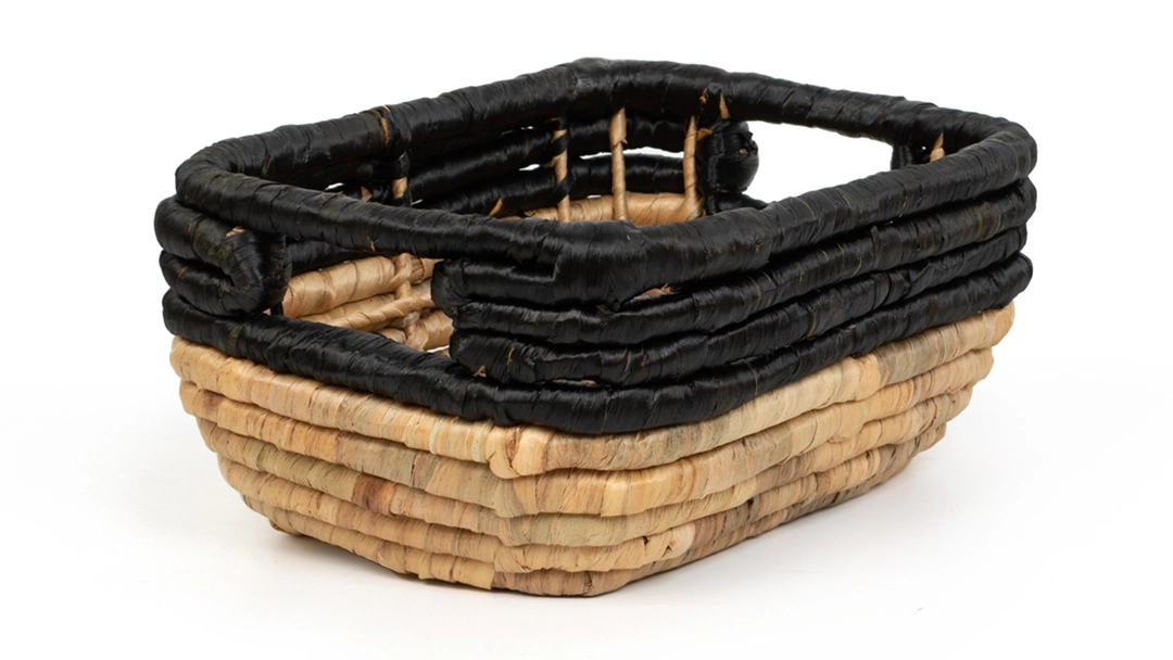 Ozdobny kosz pleciony w stylu boho, brązowo czarny, rozmiar S