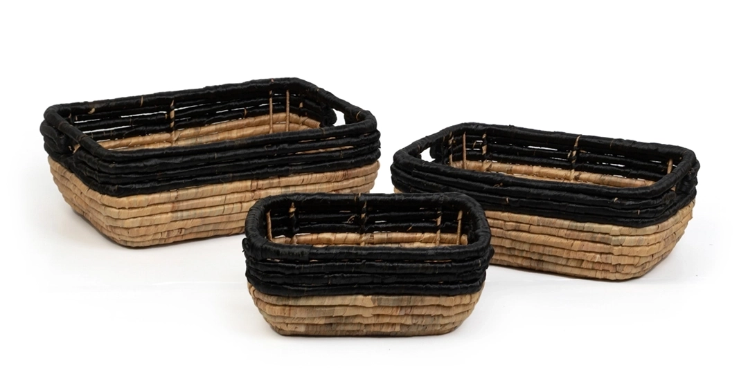 Zestaw koszy plecionych z hiacyntu wodnego io trawy morskiej, czarno brązowe, rozmiary S,M,L