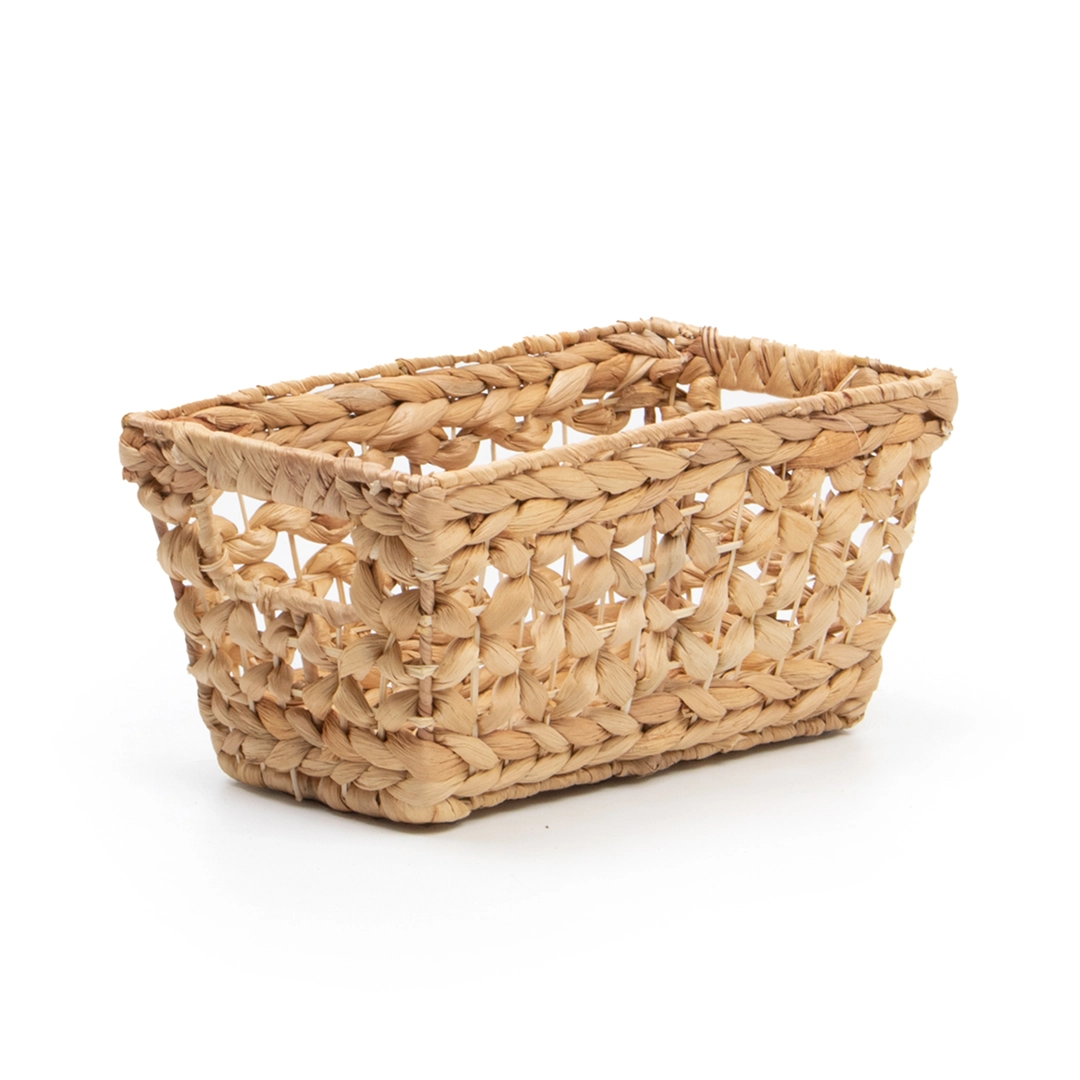 Kosz pleciony z hiacyntu wodnego ozdobny brązowy boho rozmiar S na białym tle.